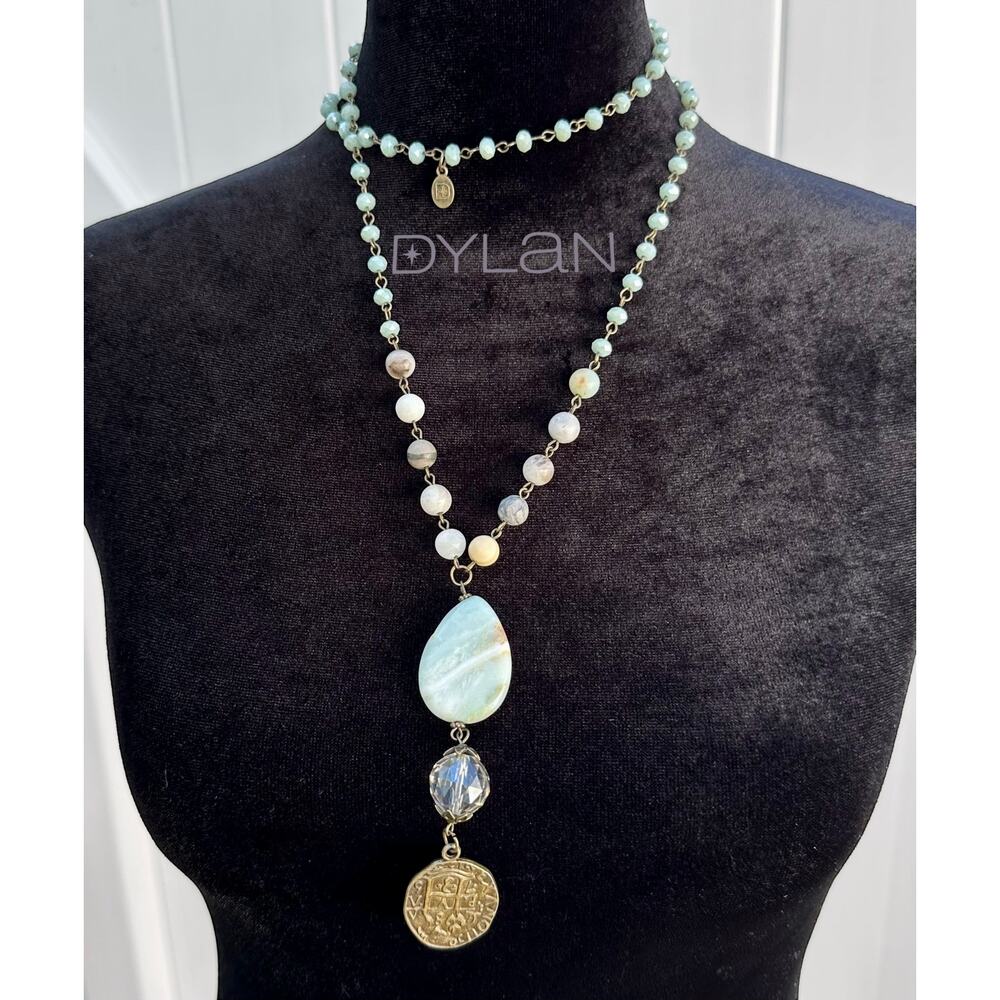 Dylan Alexis Amazonite Natural Stone Crystal Doubloon Lariat Pendant Necklace